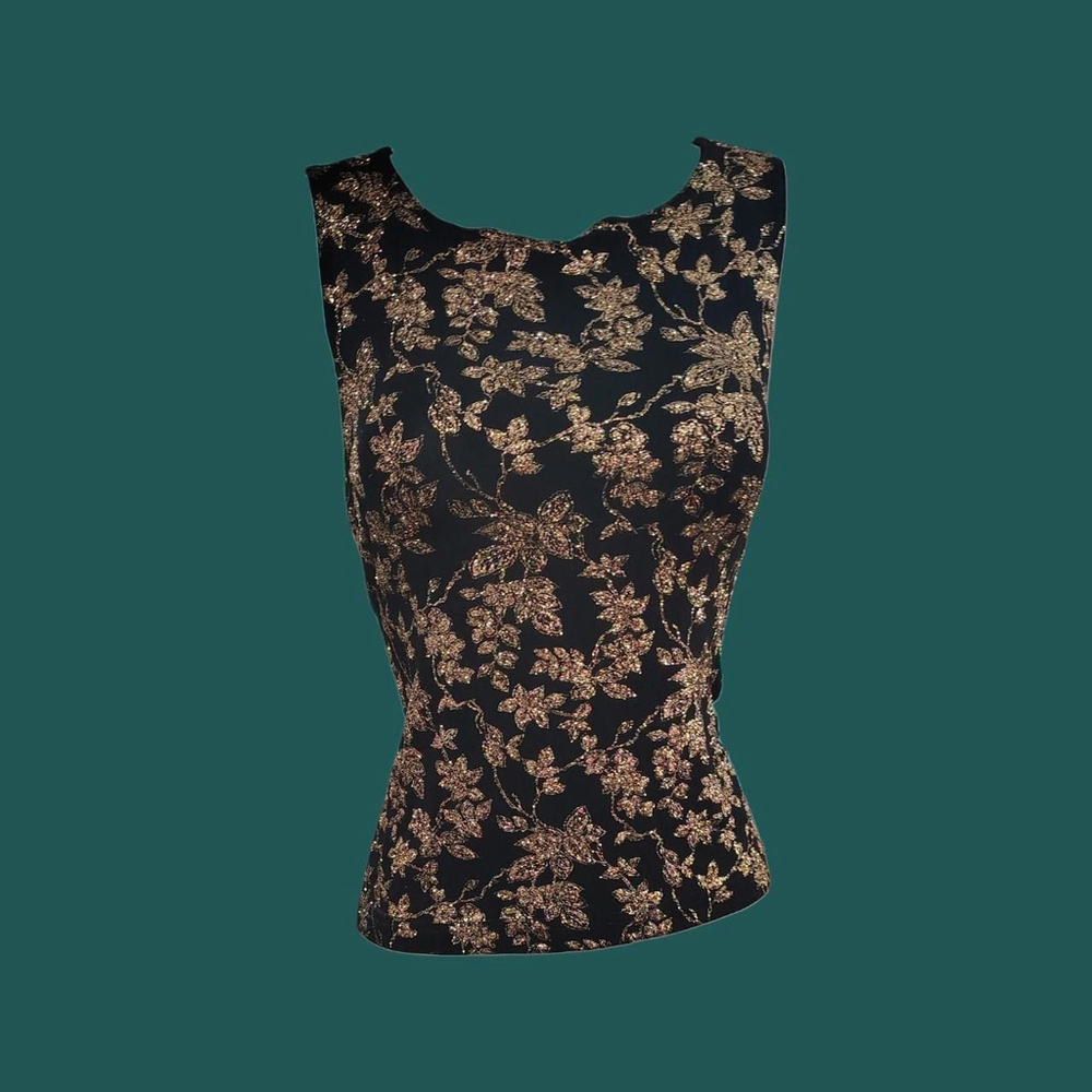 Vintage Metaphor black tank top with an all-over gold floral glitter design